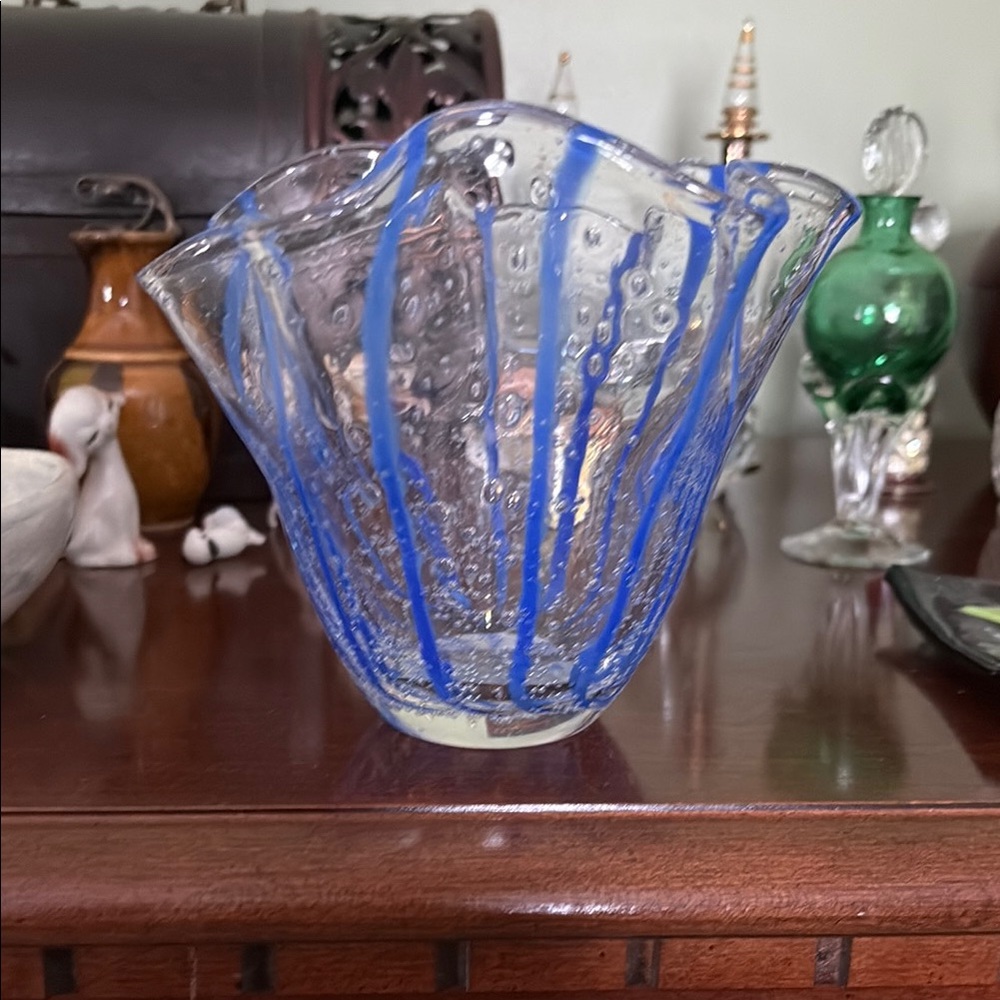Blue Ribbon Striped Glass Handkerchief Vase